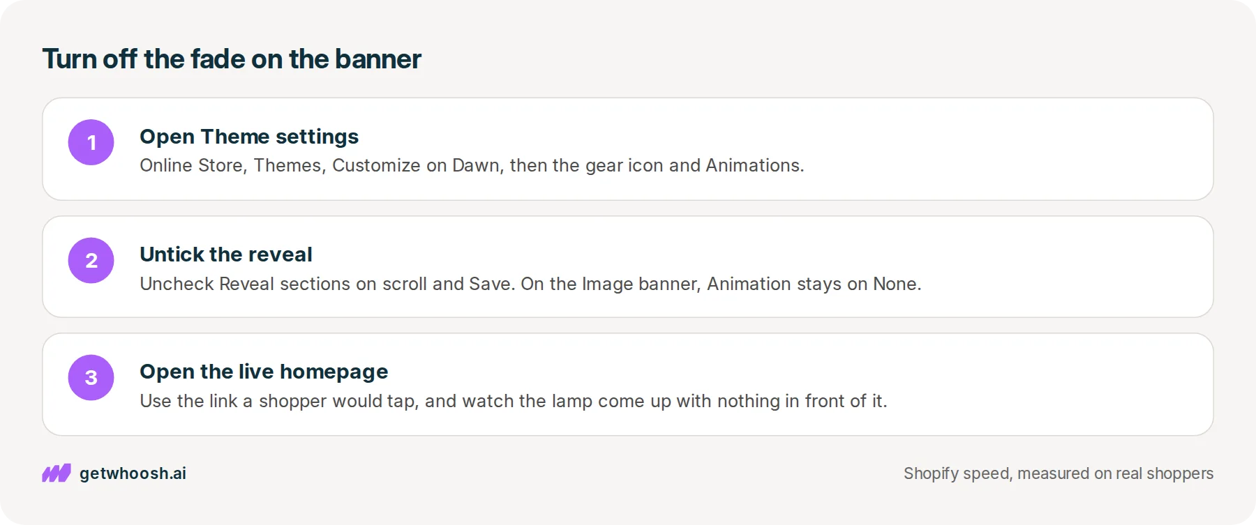 Three steps: open Theme settings and Animations in the Dawn editor, untick Reveal sections on scroll and confirm the banner's Animation is None, then open the live homepage