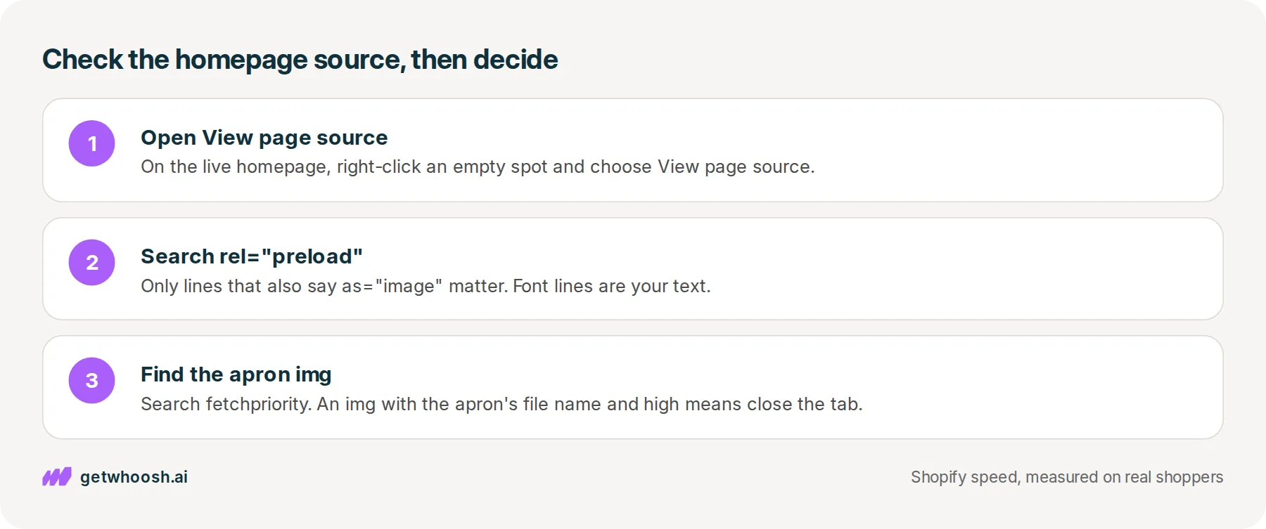 Three steps: open View page source on the live homepage, search for rel="preload" with as="image", then find the apron img marked fetchpriority high and close the tab