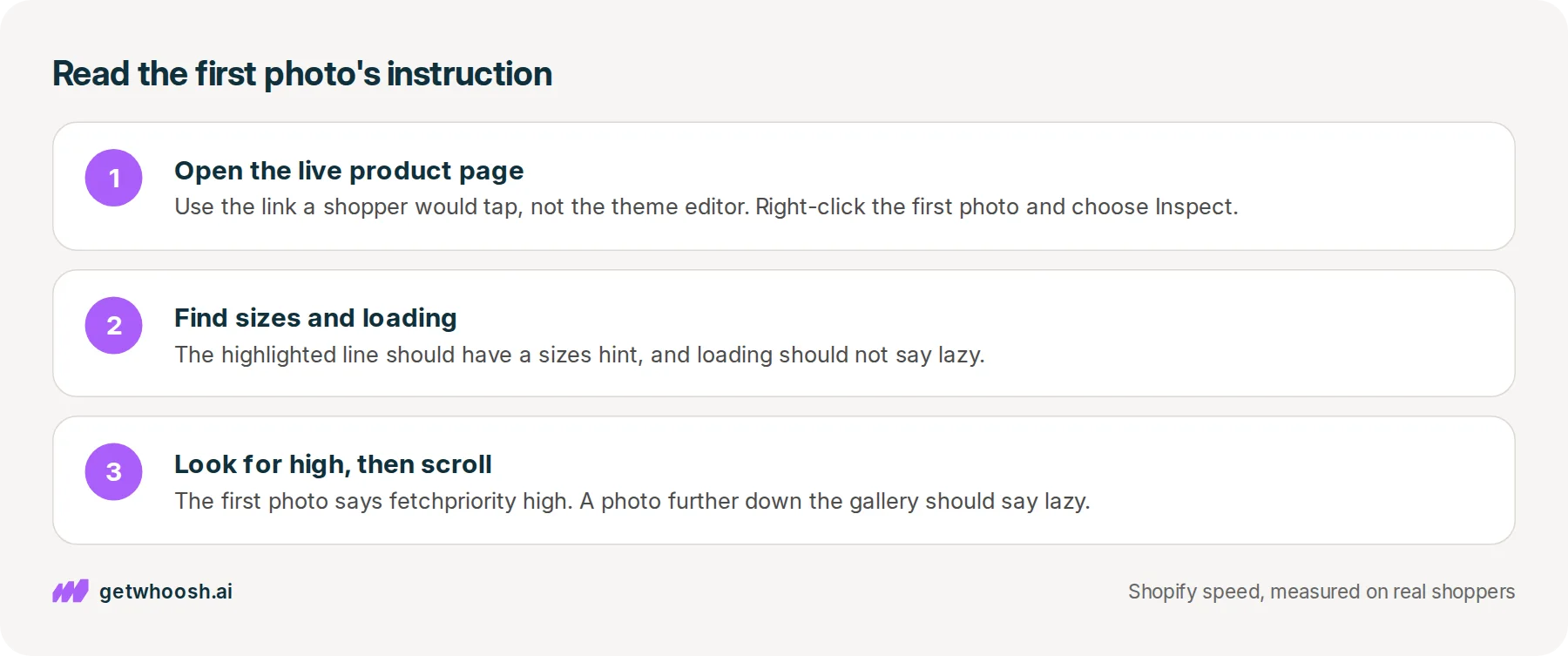 Three steps: open the live product page, read the first photo's highlighted line in Inspect, then compare it with a photo further down the gallery