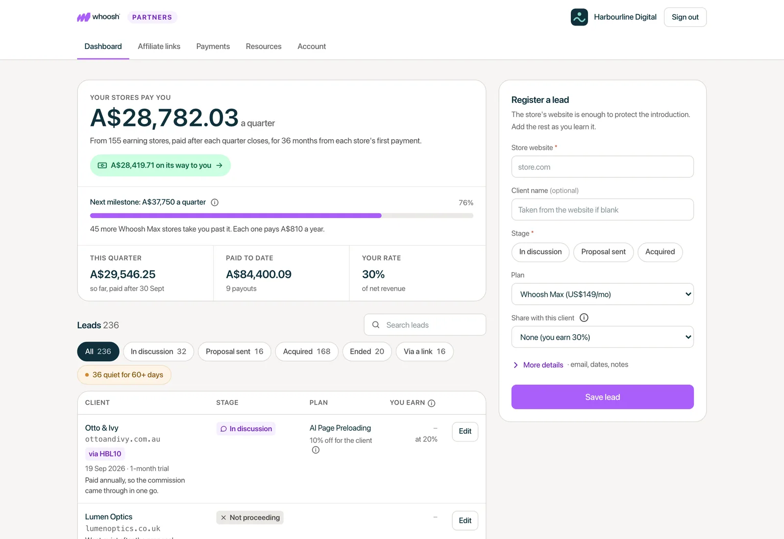 Dashboard in the partner portal on a laptop