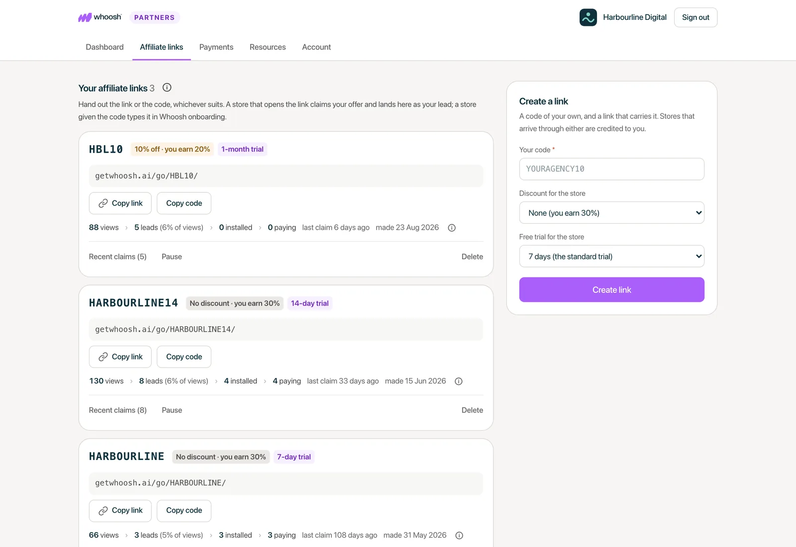 Affiliate links in the partner portal on a laptop