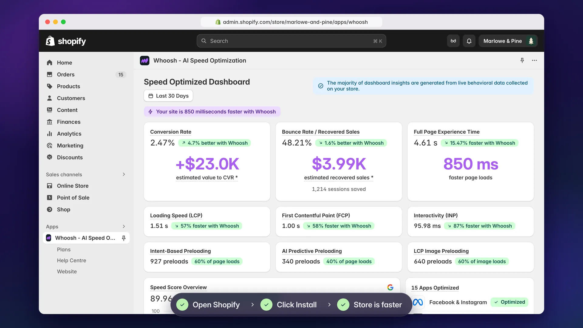 The Whoosh dashboard in Shopify: conversion rate, recovered sales, page load times and the apps Whoosh has optimized.